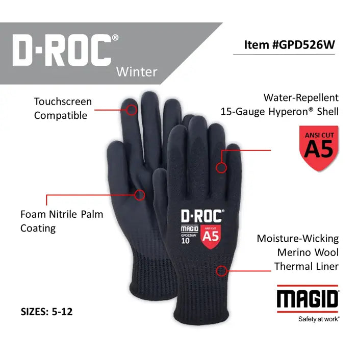 D-ROC® GPD526W Hyperon® - Gauge Merino Wool Lined Winter Work Gloves